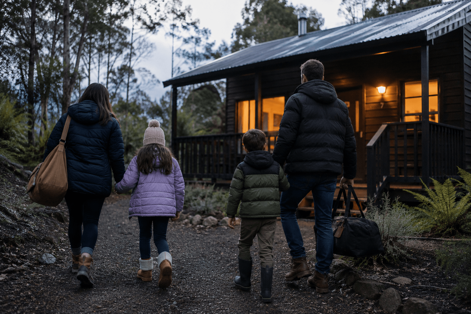 Family arriving at a cozy cabin