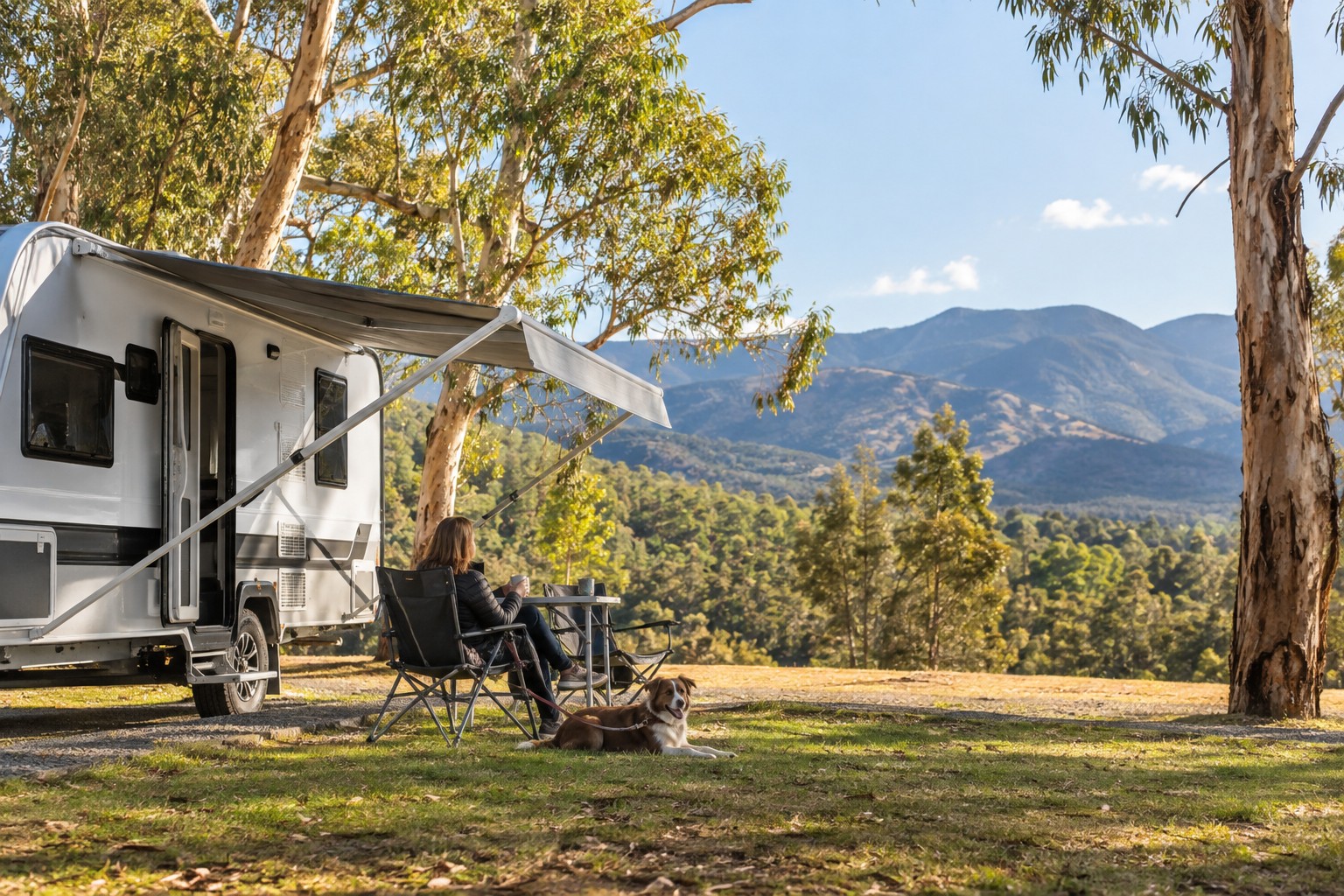 A caravan and leashed dog at a regional Victorian holiday park
