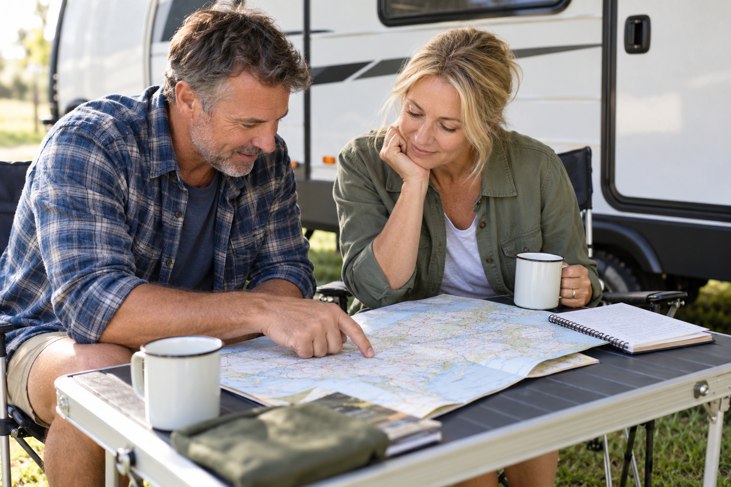 Couple studies a road map at a camping table beside their caravan.