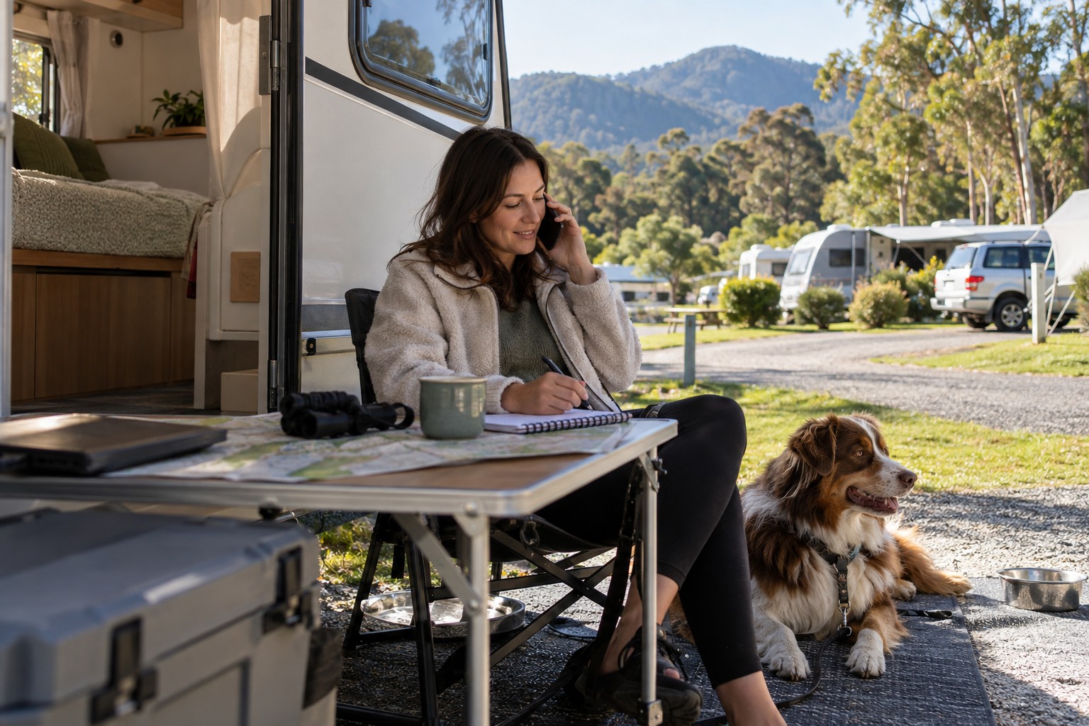 A traveller calls a caravan park about dog conditions before booking