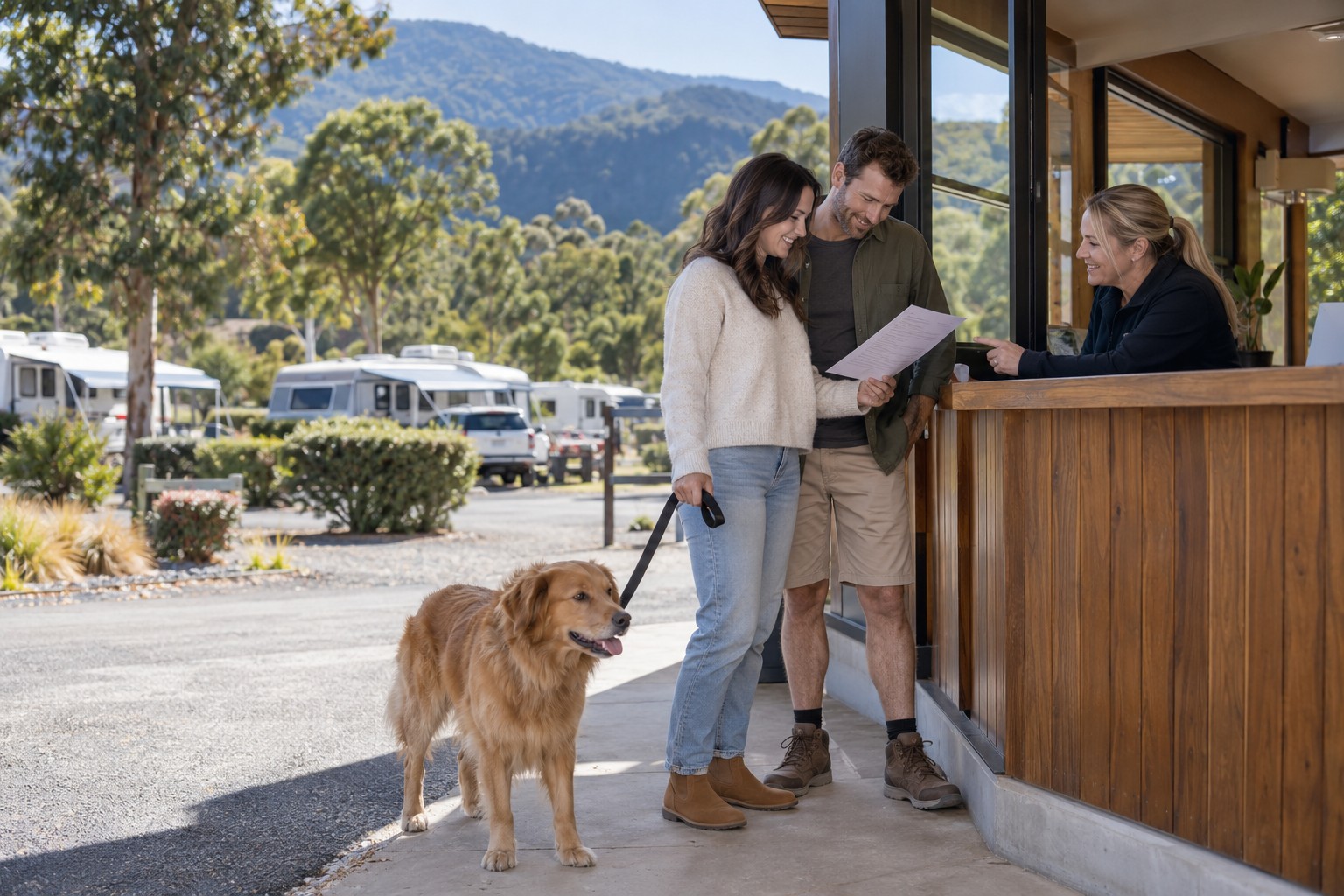 Travellers check pet conditions while arriving at a caravan park