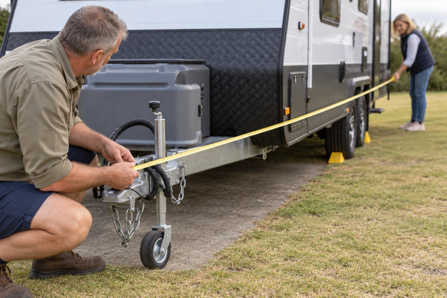 Caravan owners measure the length from tow coupling to rear before choosing a site.