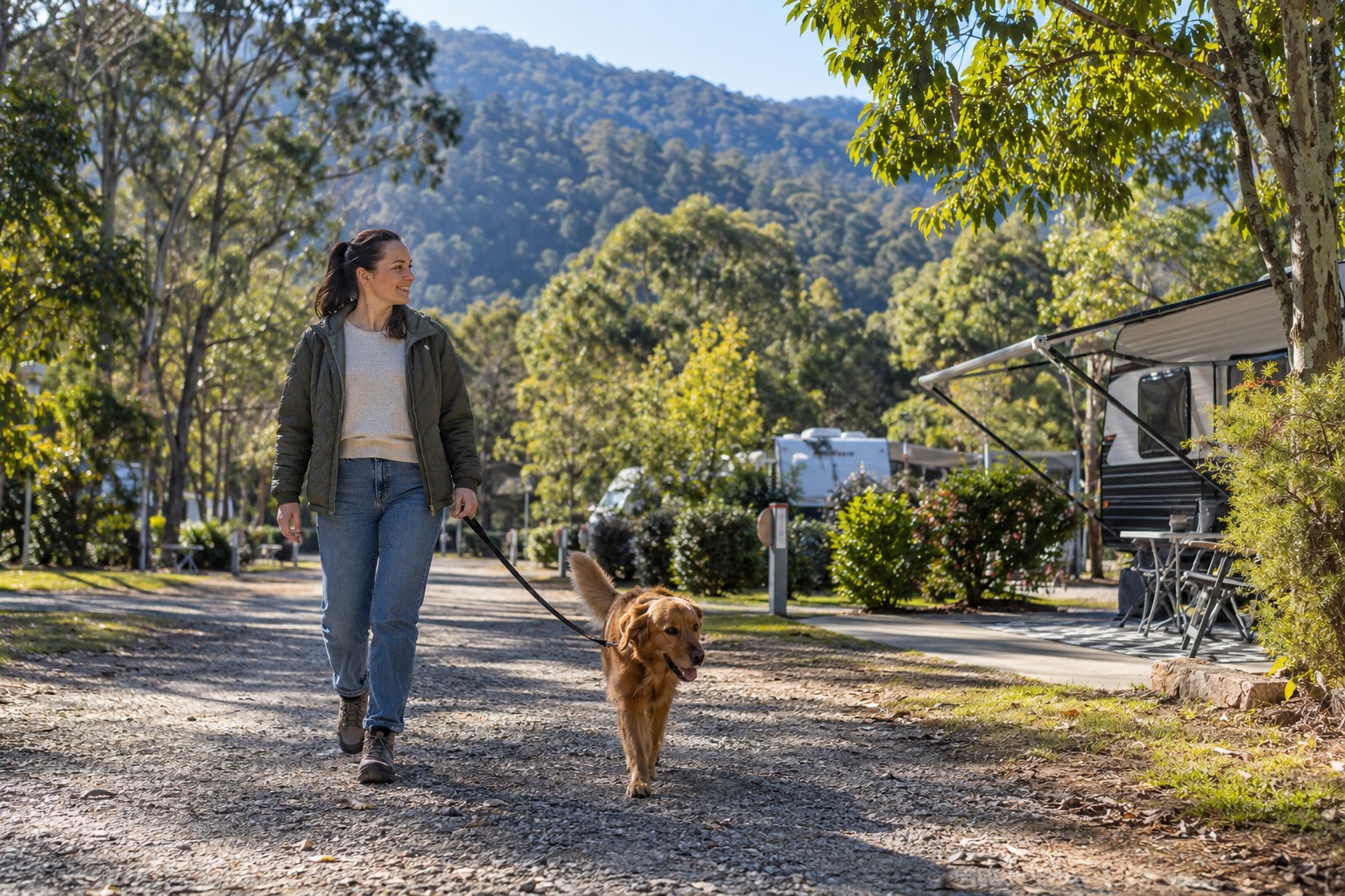 An owner walks a dog near a forested Victorian holiday park