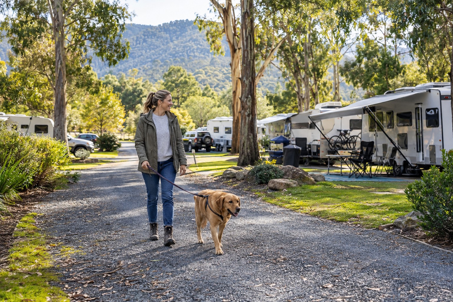 An owner walks a leashed dog along a caravan park path