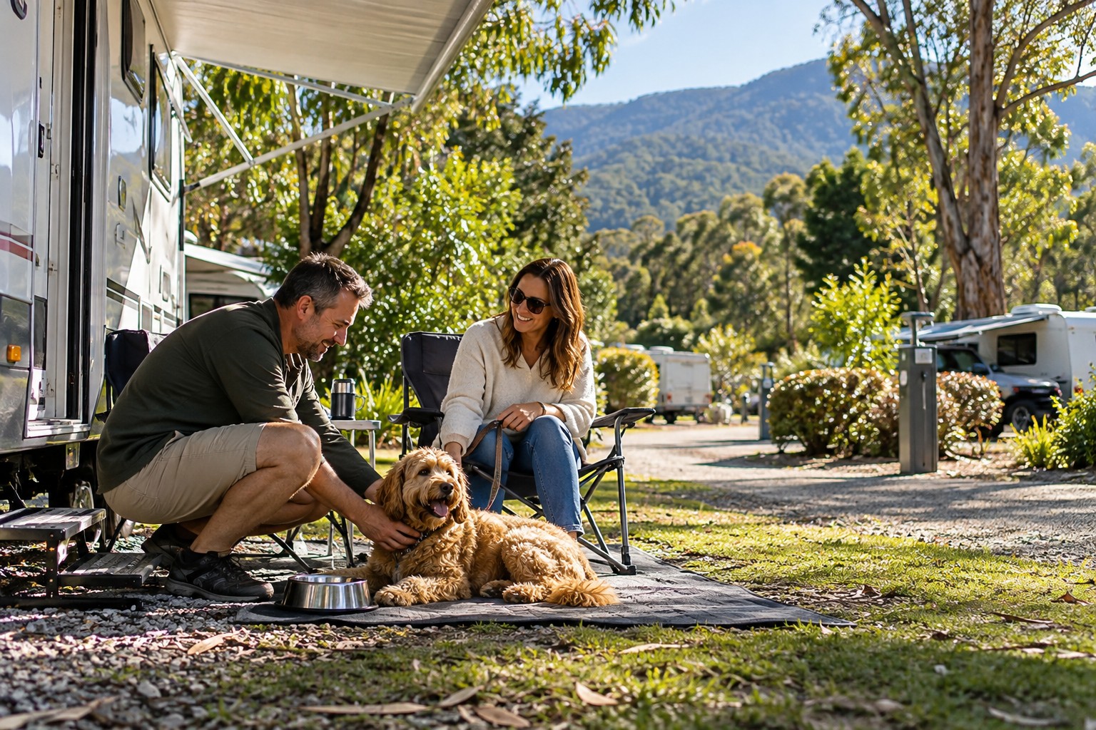 Travellers settle their leashed dog at a Victorian caravan site