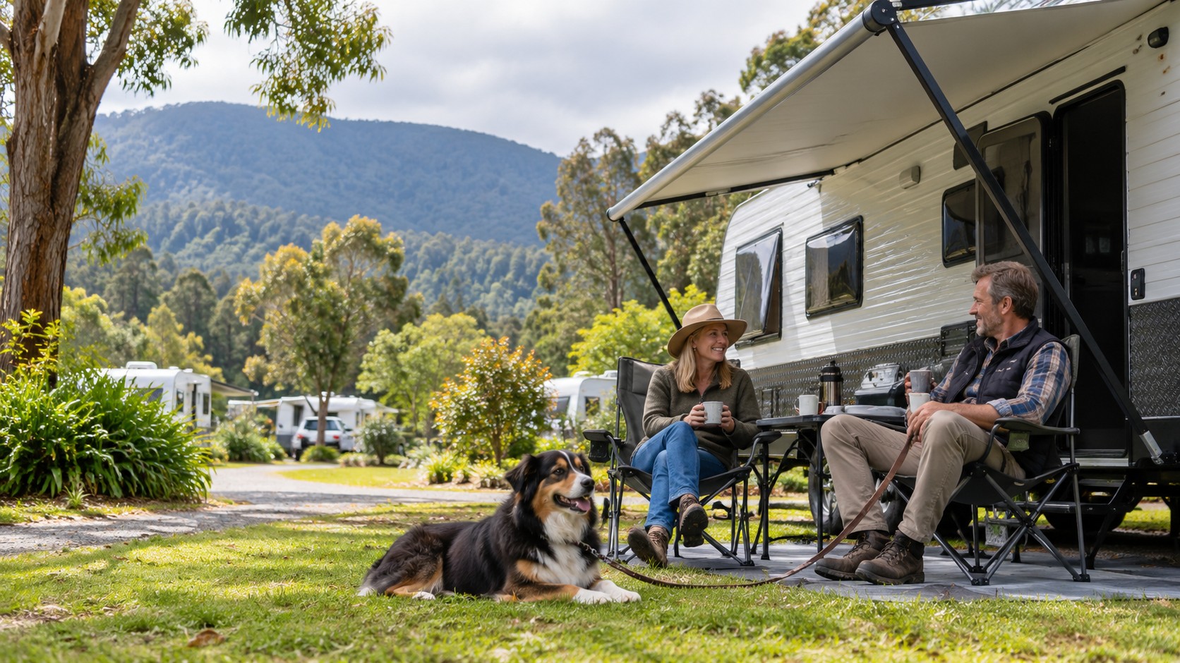 A leashed dog rests beside a caravan at a Victorian holiday park