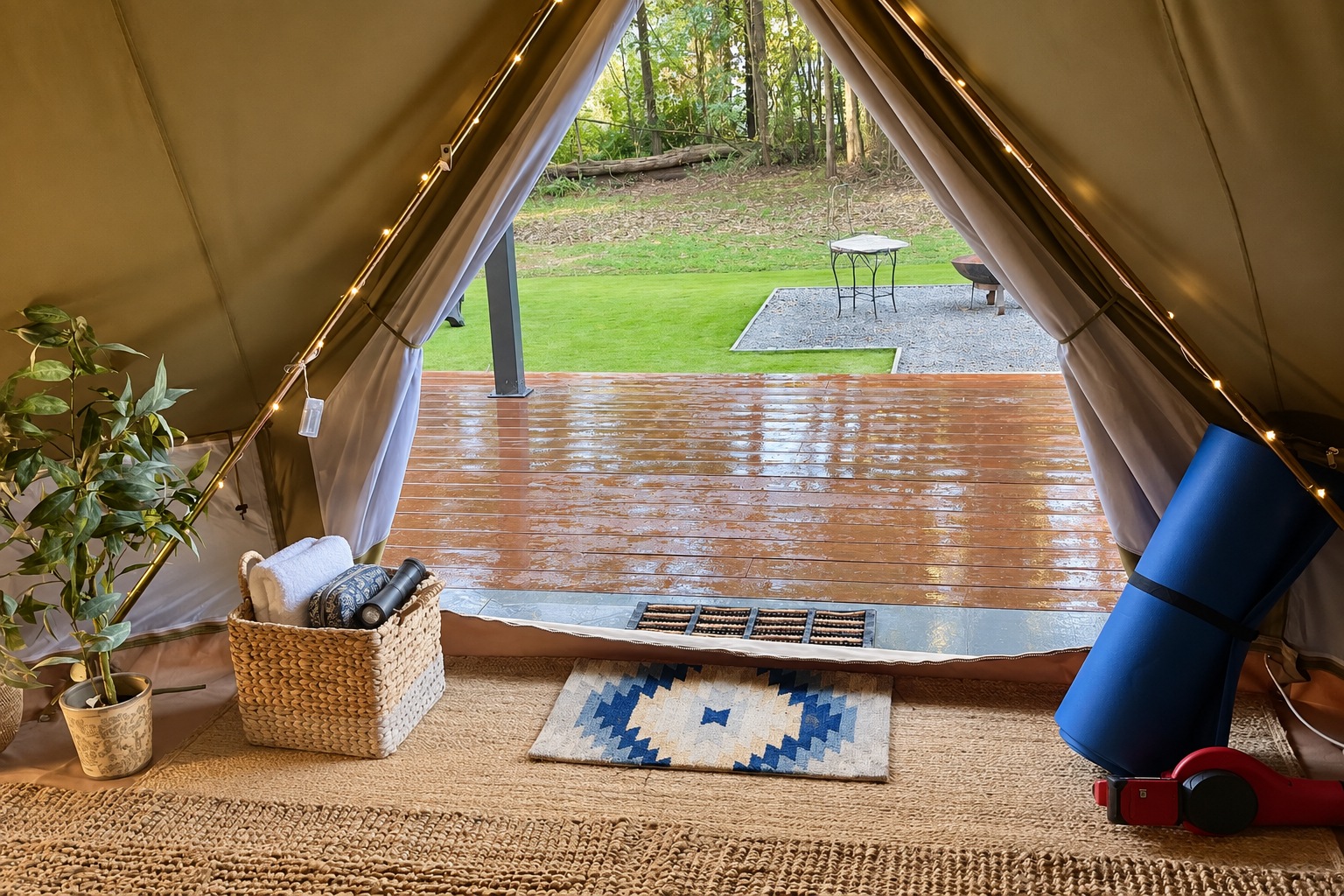 Towel, toiletry bag and torch ready inside a glamping tent for a trip to shared amenities.