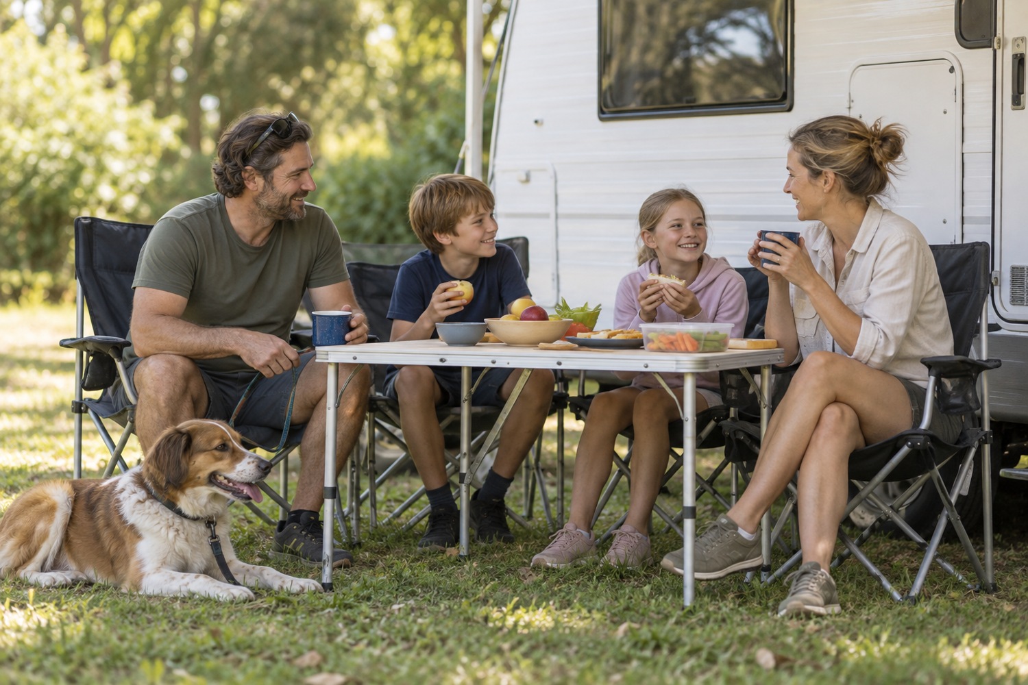 Family shares a snack beside a caravan with their dog on a lead.