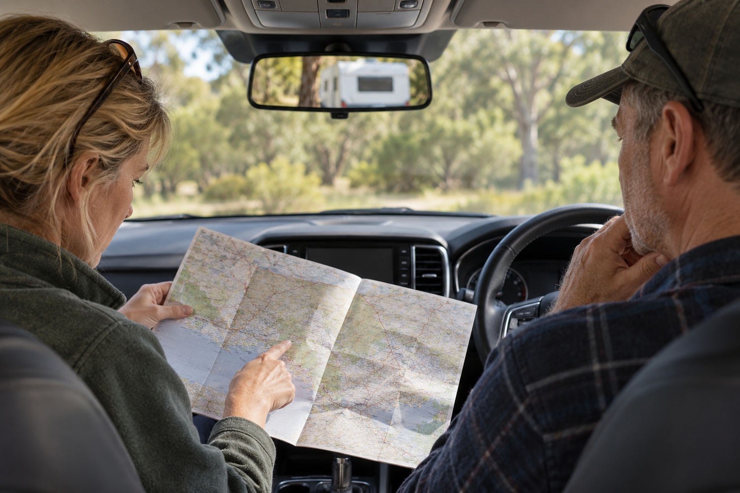 Couple considers a road atlas inside a parked right hand drive tow vehicle.