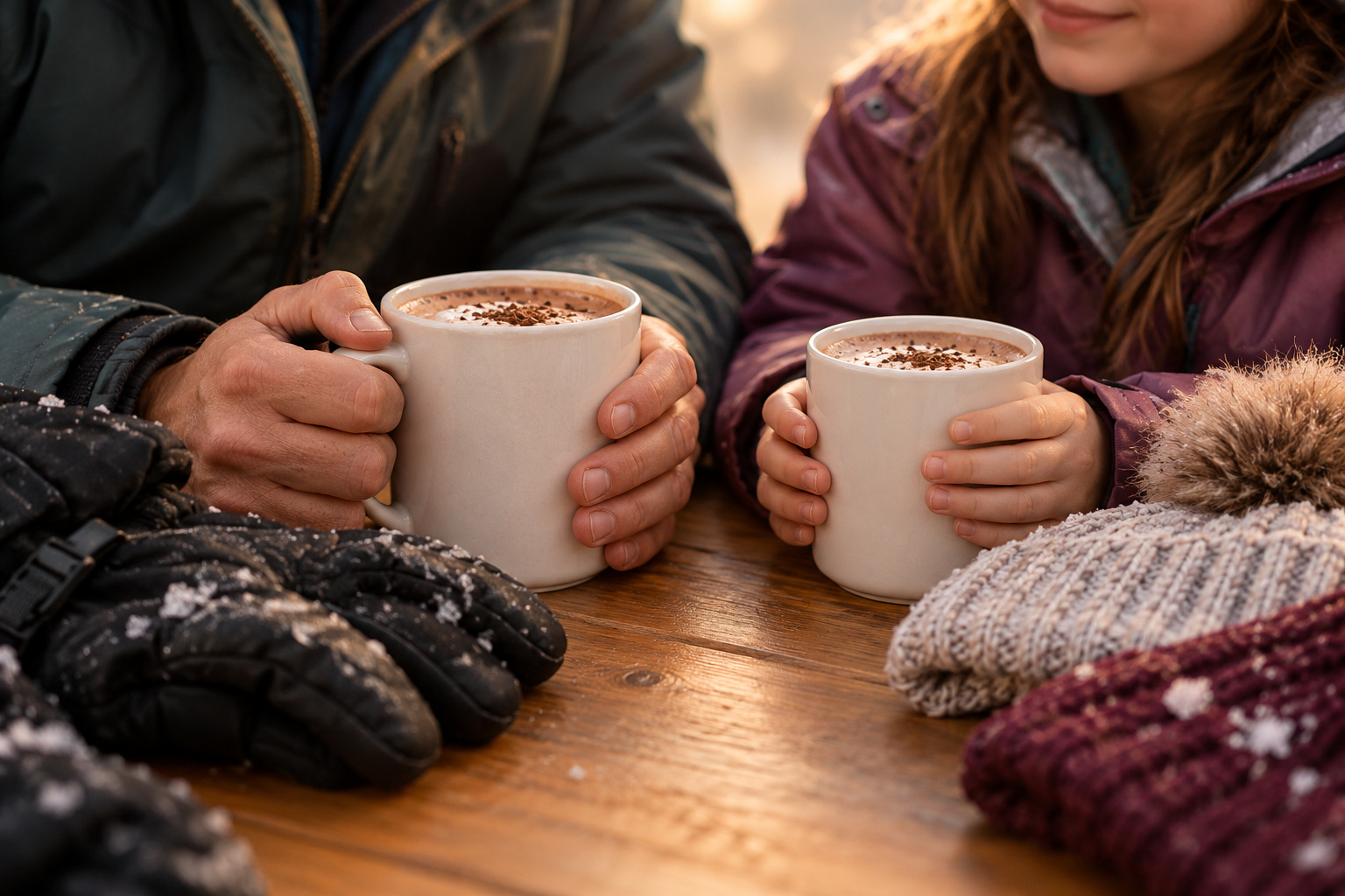 An adult and child hold mugs of hot chocolate beside winter gloves and beanies after an outing.