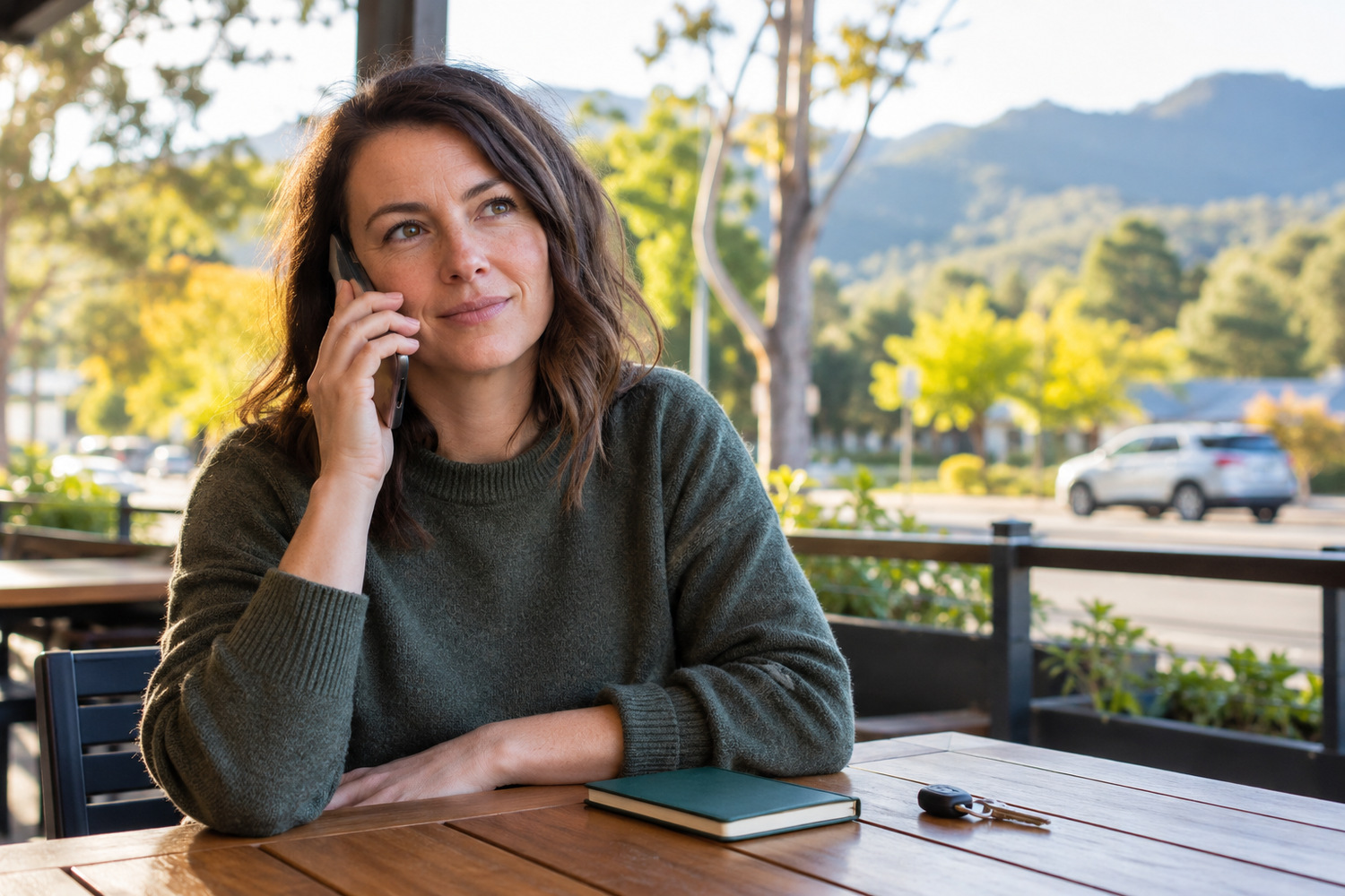 Person making a phone call at a table with a notebook and car keys.