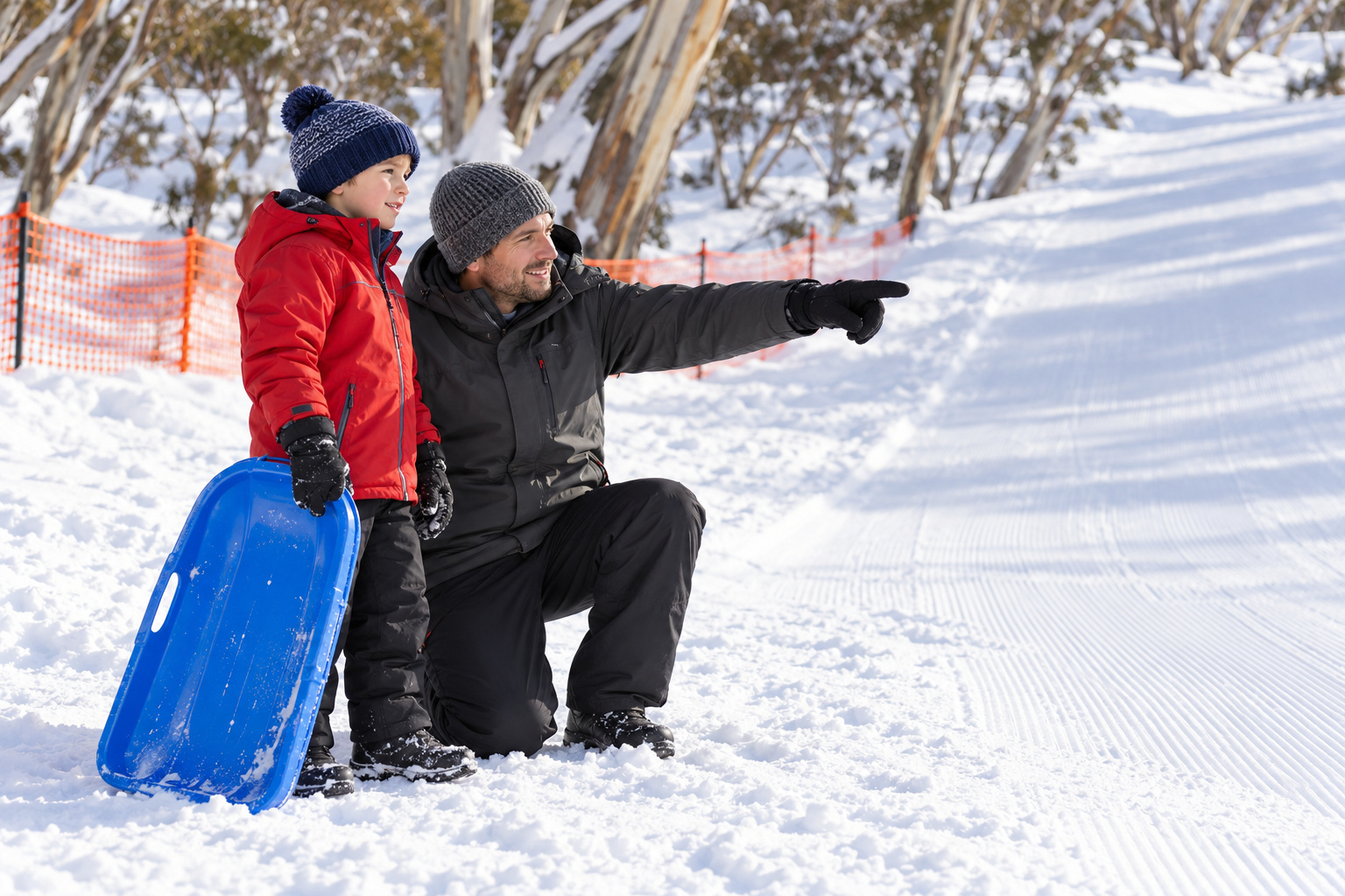 A parent points out a gentle groomed snow slope to a child holding a blue toboggan.