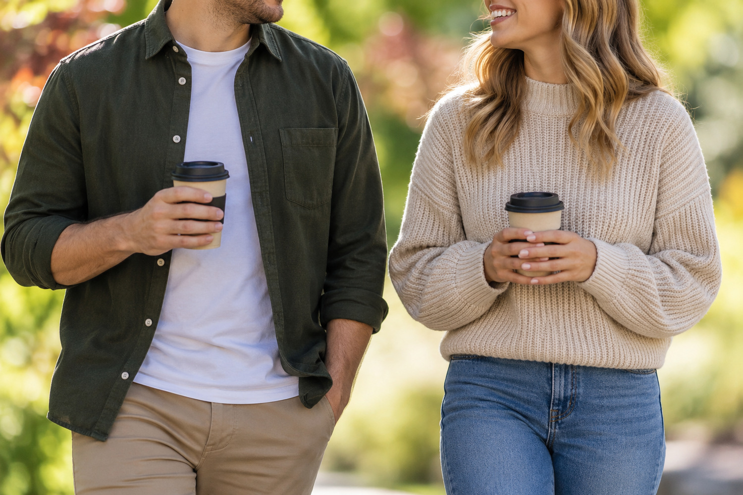 Two visitors walking with takeaway coffee cups against a softly blurred leafy background.