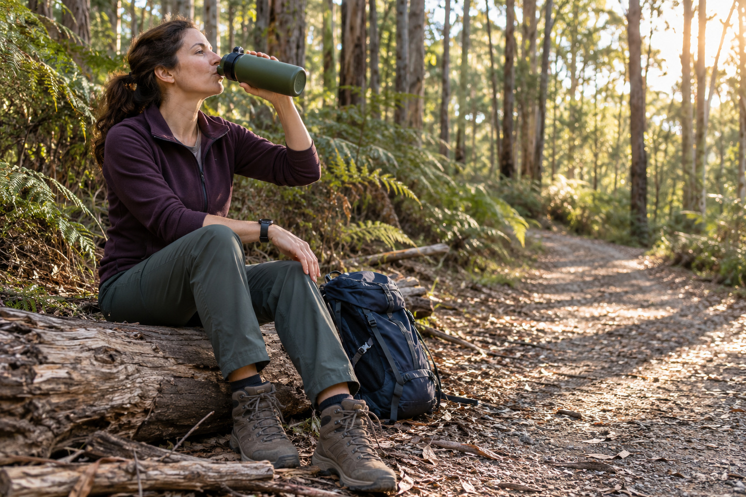 A bushwalker rests beside a forest track and drinks water, with a daypack at her feet.