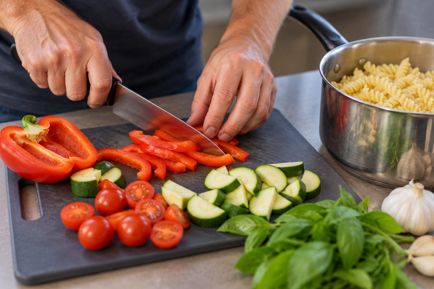 Hands chopping red capsicum beside zucchini, tomatoes, basil and a saucepan of pasta.