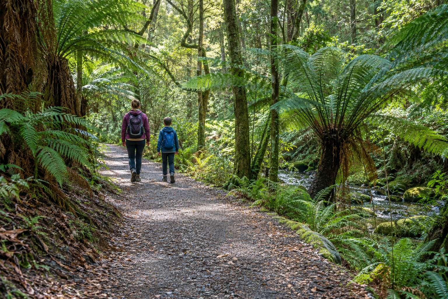 A parent and child walk along a level gravel path beside a fern-lined creek.