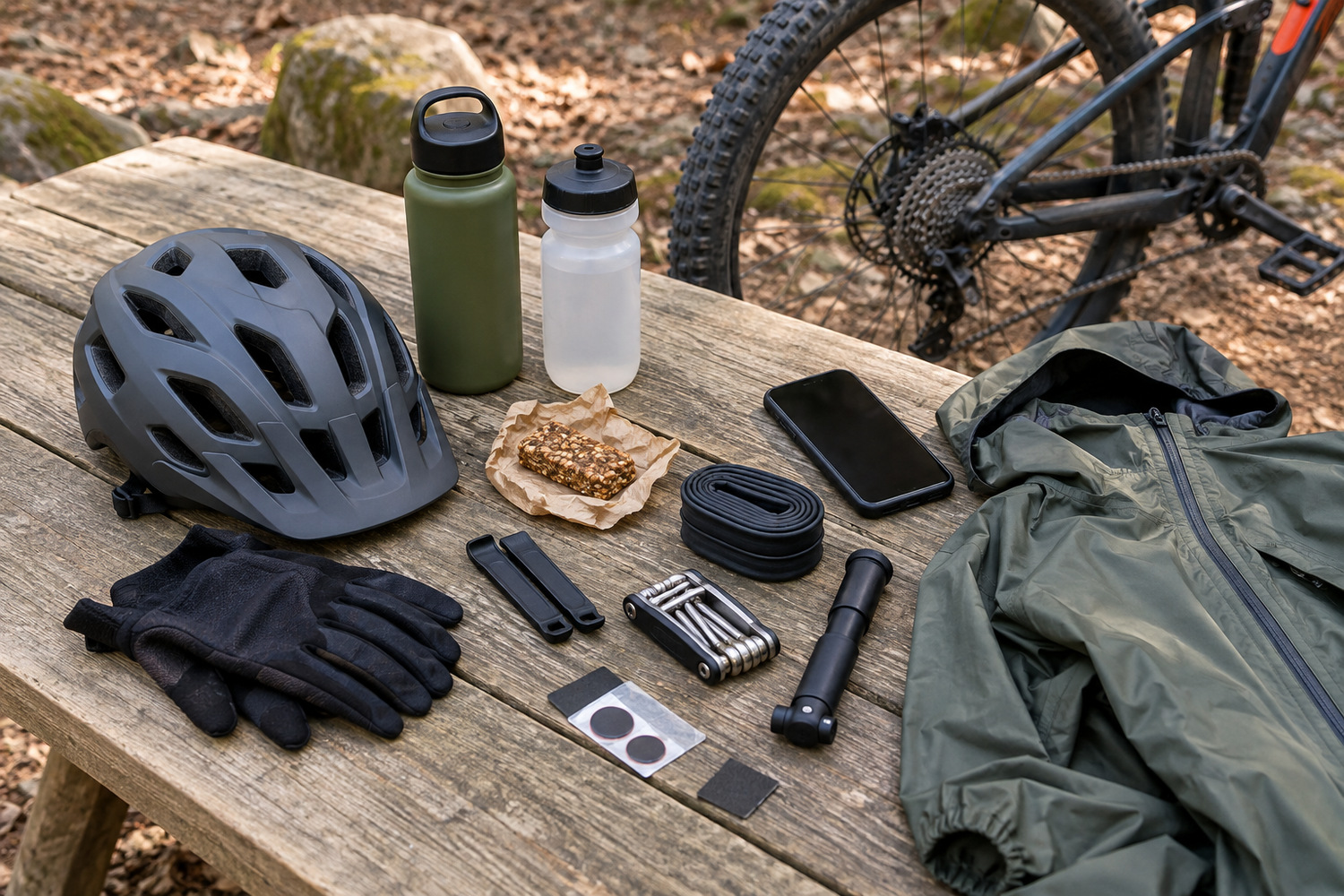 Cycling helmet, gloves, water bottles, snack, waterproof jacket and puncture-repair tools laid out before a ride.