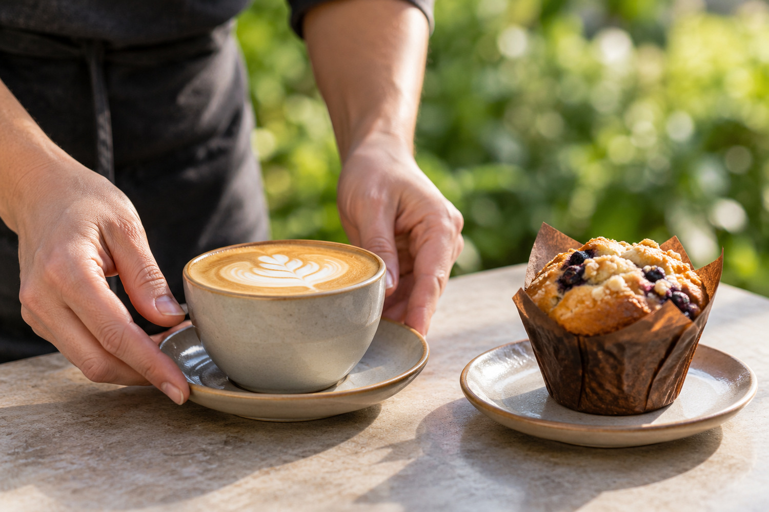 Hands serving a flat white beside a berry muffin on an outdoor table.