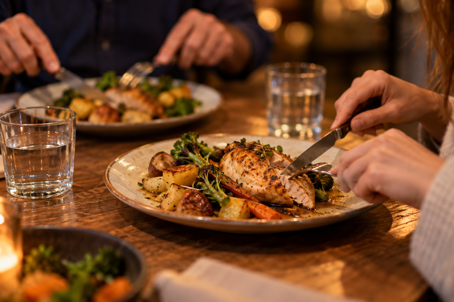 Diners enjoying chicken and roast vegetables at a table in warm evening light.