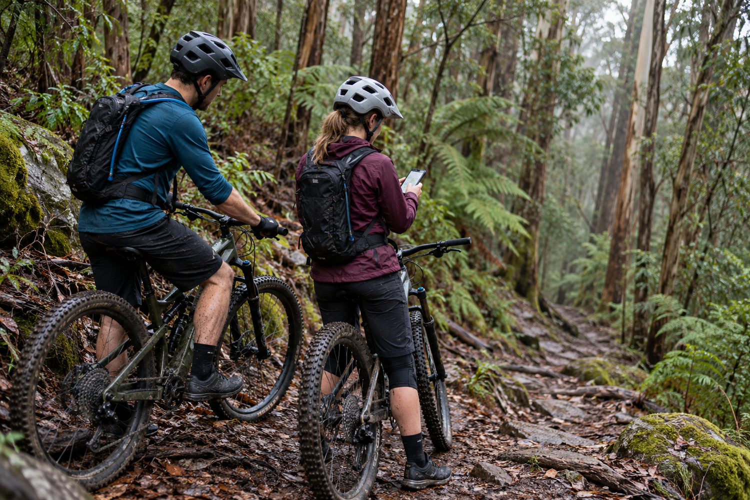 Two helmeted riders with hydration packs pausing on a forest trail while one checks a phone.