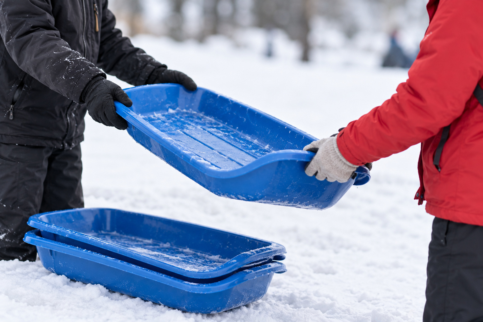 An attendant hands a blue rental toboggan to a visitor beside a stack of matching sleds.