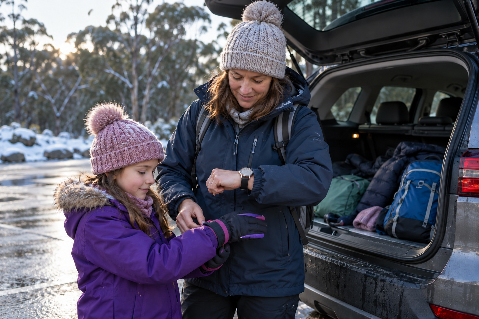 A parent checks a wristwatch while helping a child adjust gloves beside a parked family vehicle.