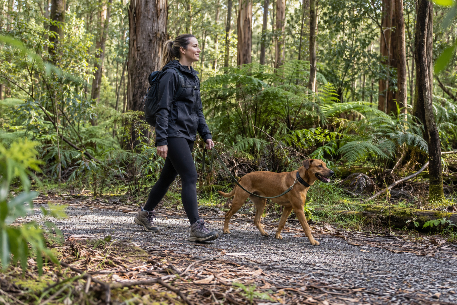 A woman walks a brown dog on a lead along a gravel forest path.